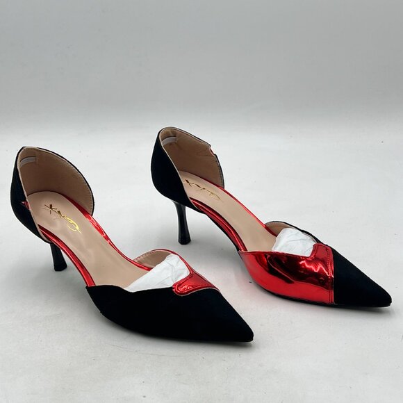 XYD Black/Red Pointed Toe D'Orsay Kitten Heel Rhinestone Studs Slip-On Pumps - Picture 4 of 8